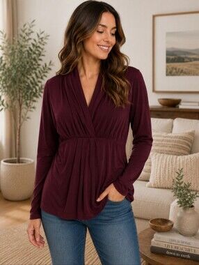GNW Burgundy Wrap-Front Long Sleeve Top